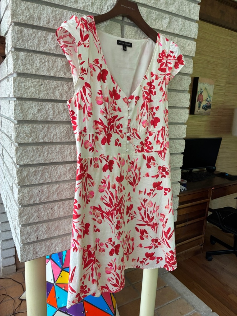 Banana Republic Cream Dress with Red Floral Print